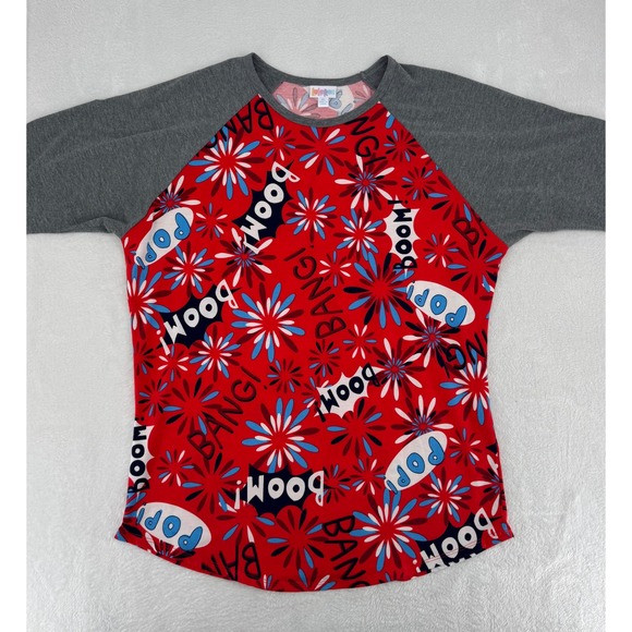 LuLaRoe Tops - LuLaRoe 4th of July Baseball Tee XL Red Comic Pop Boom Raglan 3/4 Sleeve Shirt